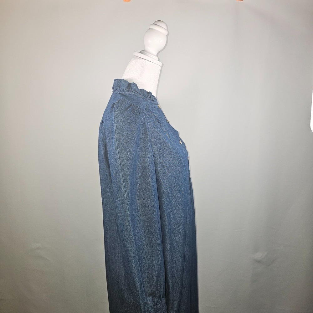 Pomander Place Chambray Claiborne Dress Ruffle Neck Gold Button Medium Size S - Picture 3 of 15